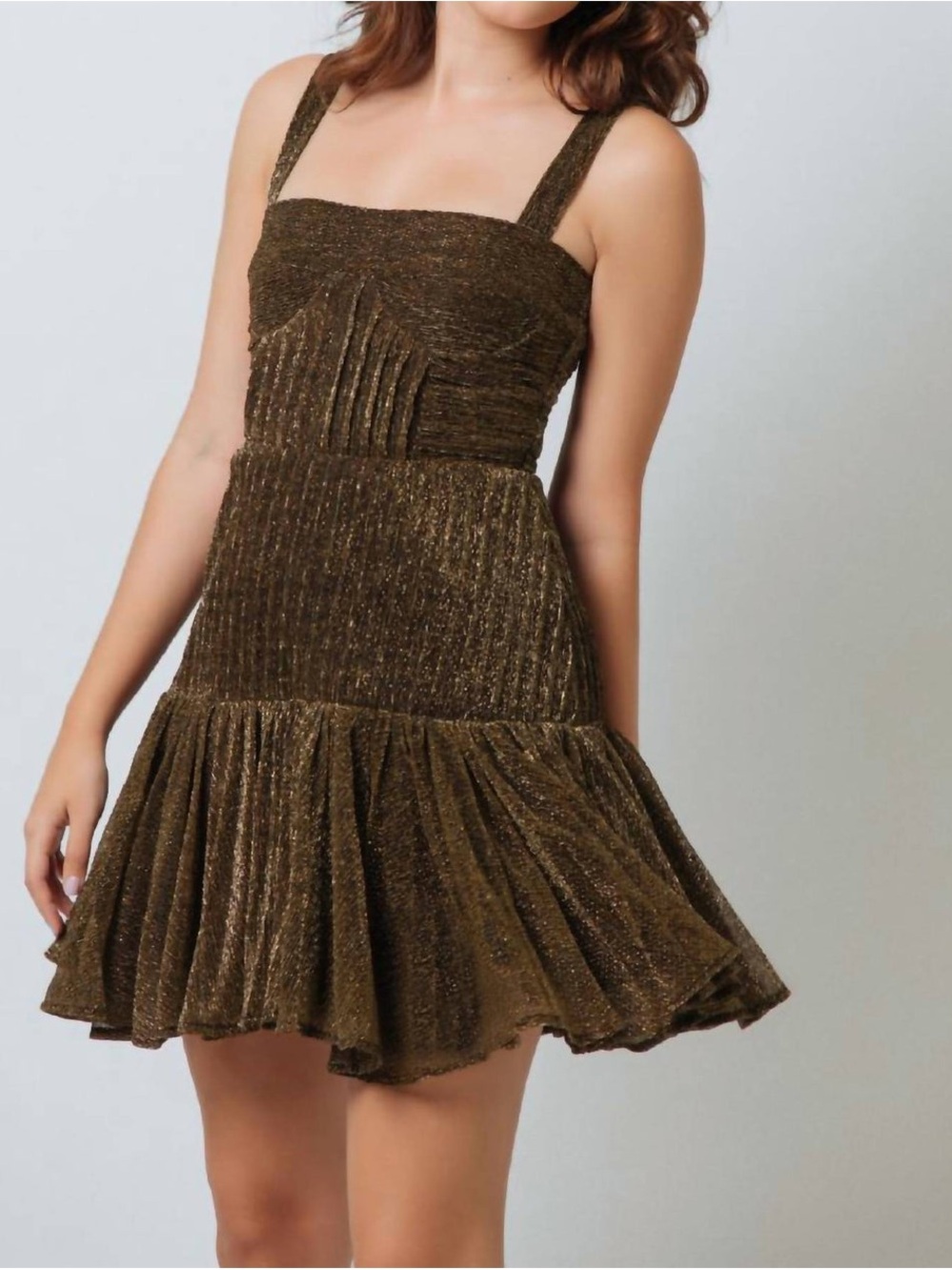 Kleid Gold Shimmer Ruffle-Hem Party Dress-XS